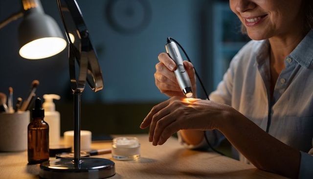 Smiling woman performing at-home hand skincare with handheld led device at vanity lamp