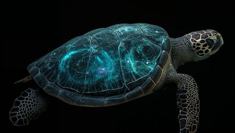 Glowing nebula sea turtle gliding with turquoise bioluminescent shell network cosmic pattern