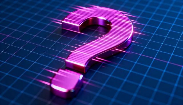 Glowing magenta question mark on neon grid reflecting purple-cyan rim lights and streaks