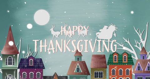 Happy Thanksgiving Sign with Winter Wonderland and Santa Claus Sleigh