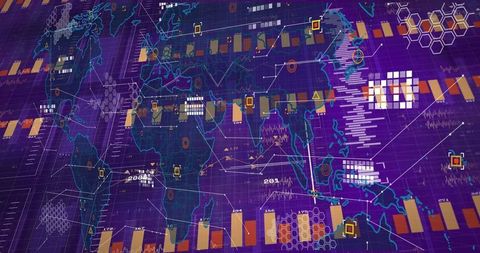Futuristic neon world map with data visualization and analytics elements