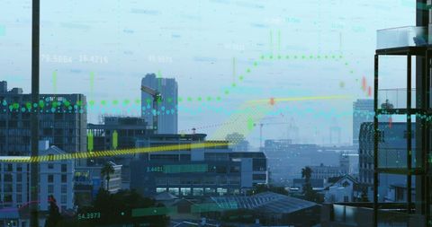 Financial data overlay on urban skyline displaying global connections