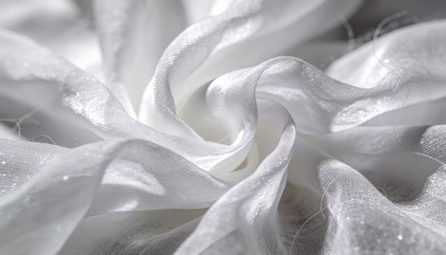 Shimmering organza rosette twisting abstract white sheer fabric macro texture background