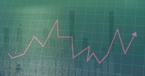 Financial Growth Chart Over Ocean with Green Grid Overlay
