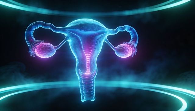 Holographic uterus and ovaries glowing in neon 3d visualization for reproductive health