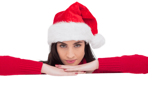Brunette woman in santa hat with transparent background