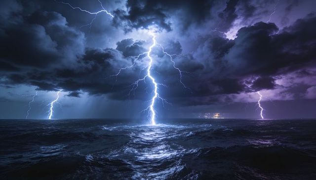 Lightning striking ocean surface at night under dark storm clouds with distant lights