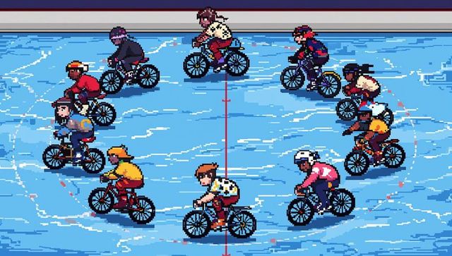 Pixel art cyclists circling retro indoor track on blue rink with red center line
