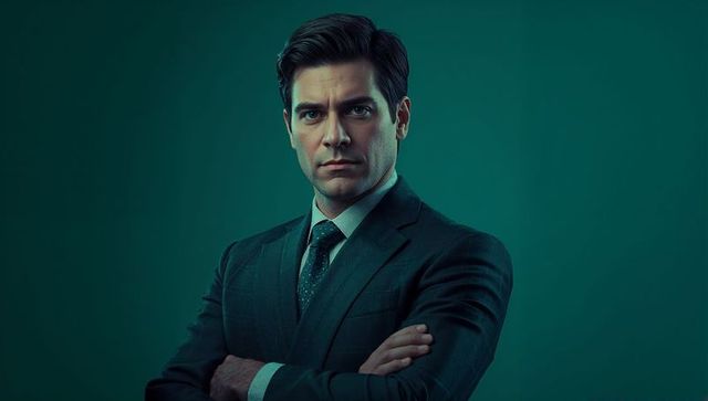 Confident corporate executive standing with arms crossed wearing tailored suit and tie