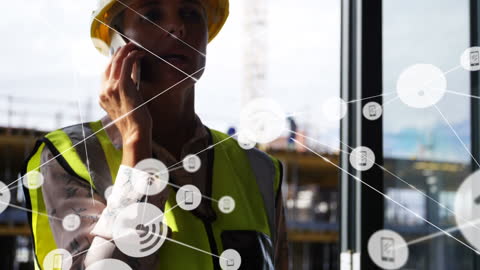 Female Construction Worker Using Smartphone and Network Connection Overlay