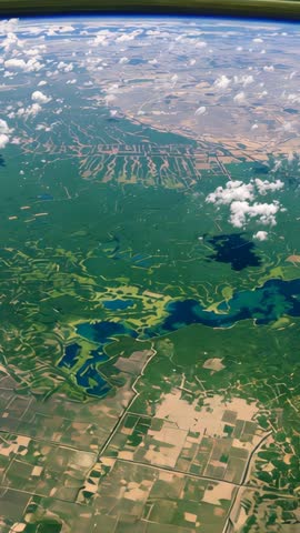 Vertical aerial pan over patchwork farmland and meandering lakes through curved plane window
