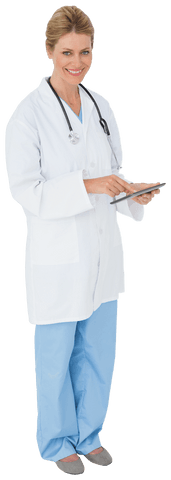 Happy female doctor with tablet on transparent background
