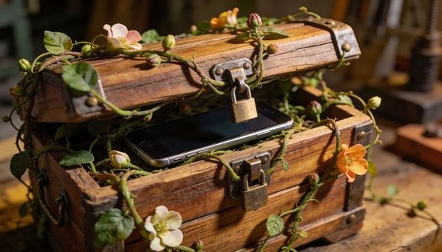 Rustic treasure chest holding smartphone entwined with flowering vines and padlocks