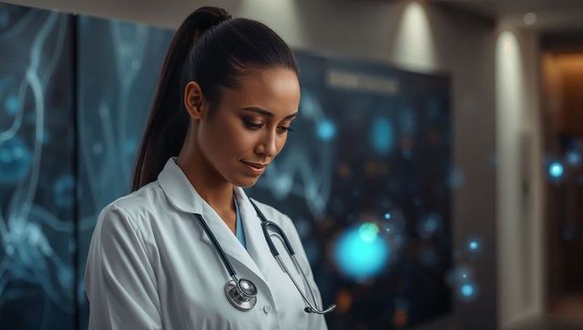 Female doctor consulting digital molecular display in modern clinic with stethoscope and ai