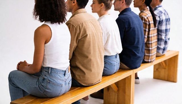 Diverse group sitting in row on wooden bench wearing casual denim and plaid, white studio backdrop
