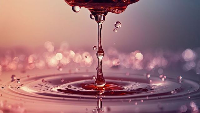 Macro View of Red-Tinted Droplet Creating Ripple with Falling Liquid