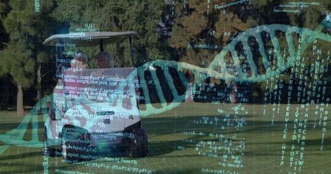 Couple in golf cart with dna helix overlay signifying modern recreation