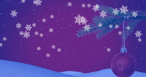 Snowflakes Falling Over Christmas Tree Branch with Bauble