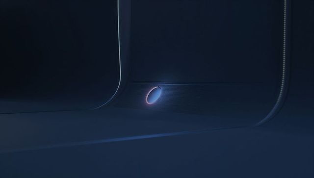 Futuristic ambient cabin control glowing circular button with blue-purple halo minimal curves