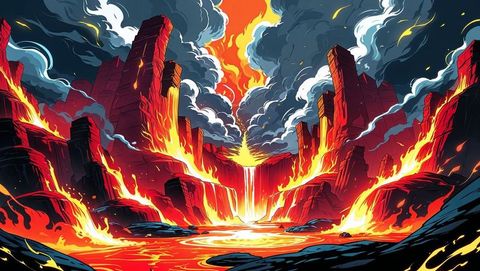 Vibrant molten hell lava waterfall at volcanic gorge