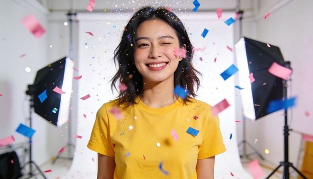 Young woman winking, smiling, celebrating with colorful confetti and studio lights