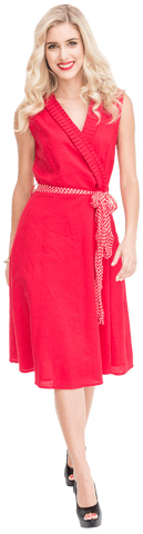 Happy caucasian woman walking in red dress transparent background