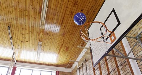Basketball Approaching Hoop in Indoor Gymnasium Action