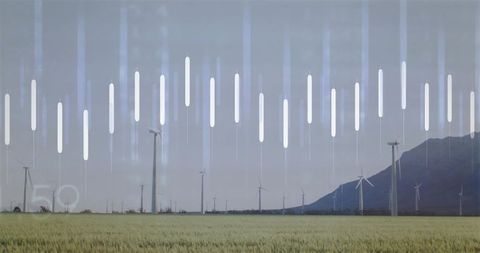 Wind Turbines in Green Field with Data Visualization Interface