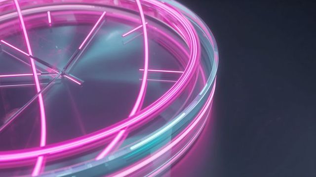 Futuristic neon tubes encircling glass disc on dark surface
