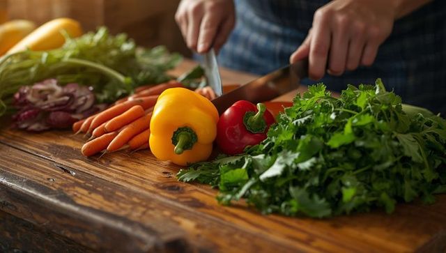 Chopping fresh vegetables and herbs in rustic kitchen