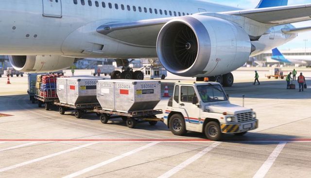 Towing tractor hauling uld containers beside widebody jet, ground crew walking on apron