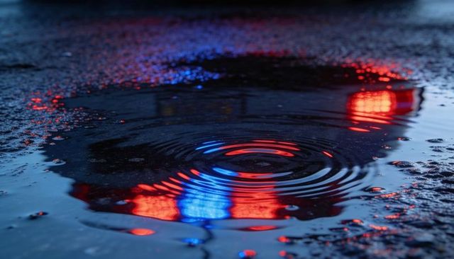 Neon reflections rippling puddle on wet asphalt at night with red blue lights