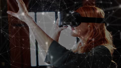 Woman Immersed in Virtual Reality Surrounded by Network Graphics