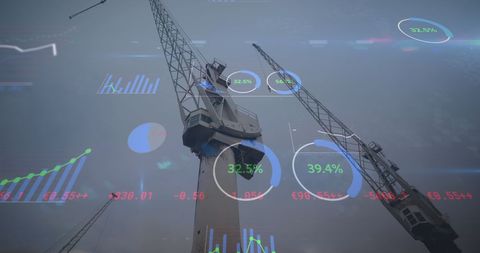 Digital Financial Data Overlaid on Crane at Shipyard - Download Free Stock Images Pikwizard.com