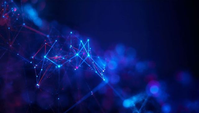 Futuristic digital network with glowing nodes and bokeh lights