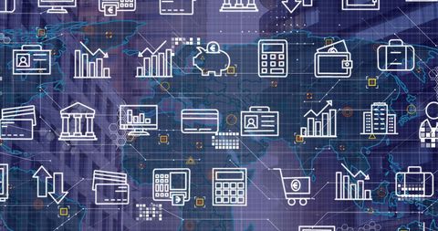 Global Financial Technology Icons on World Map Background - Download Free Stock Images Pikwizard.com