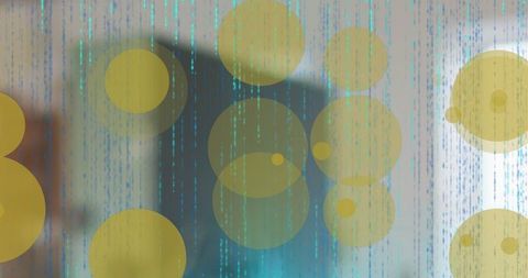 Abstract Digital Display with Cascading Lines and Yellow Circles
