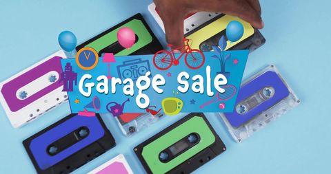 Colorful garage sale theme with vintage cassette tapes