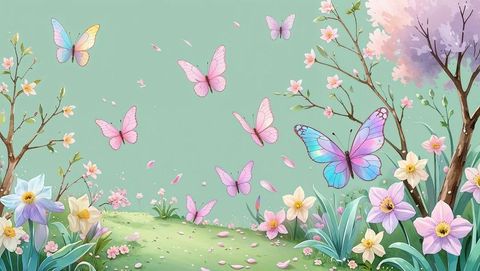Pastel butterflies dancing amidst blossoming spring nature