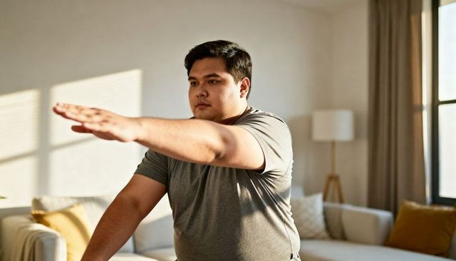Overweight man stretching arms in sunlit living room for home fitness and mobility