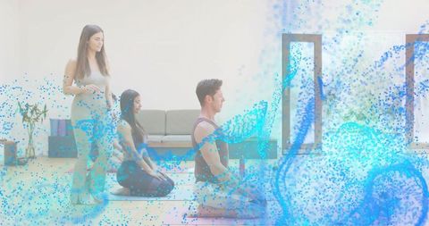 Guided meditation class with kneeling man and instructor in light studio with blue overlay