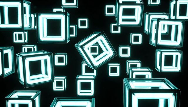 Floating neon cyan hollow cubes rotating in black void, futuristic glowing geometric scene