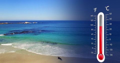 Digital thermometer over coastal horizon illustrating global temperature change