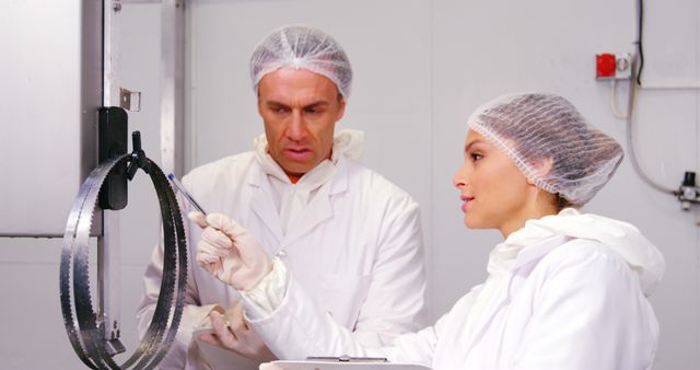 This image shows two professionals in a food processing plant, dressed in white coats, hair nets, and gloves, carefully examining machinery. It is useful for illustrating concepts related to quality control, safety inspections, manufacturing processes, and industry standards. Ideal for use in articles or marketing materials related to food safety, industrial operations, or workplace hygiene.