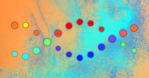 Sinuous multicolor disc chain on turquoise-orange textured gradient background