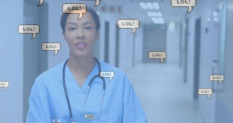 Nurse in hospital corridor with pixelated lol speech bubbles