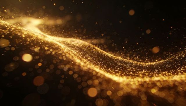 Flowing golden particle ribbon with bokeh glow sparkling light trail abstract background