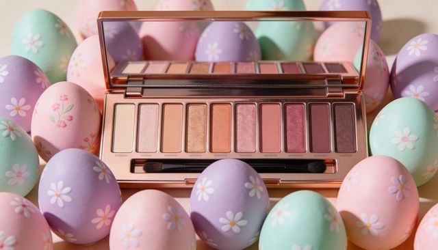 Rose-gold eyeshadow palette with pastel easter eggs, shimmer metallic neutrals