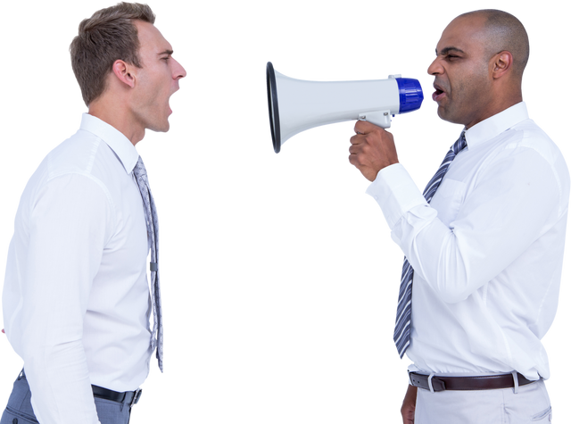 Businessman Yelling at Colleague with Megaphone - Transparent Background - Download Free Stock Videos Pikwizard.com