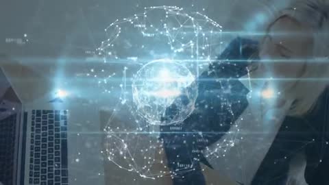 Businesswoman Analyzing Futuristic Holographic Network in Tech Office